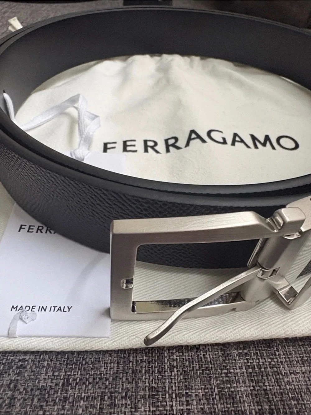 Salvatore Ferragamo Black Textured Leather Belt with Brushed Silver Buckle